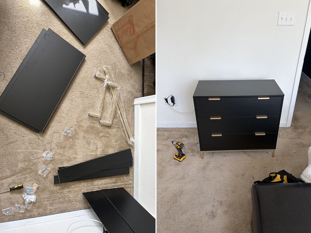 Dresser parts laid out on the carpet, then the finished black and gold dresser